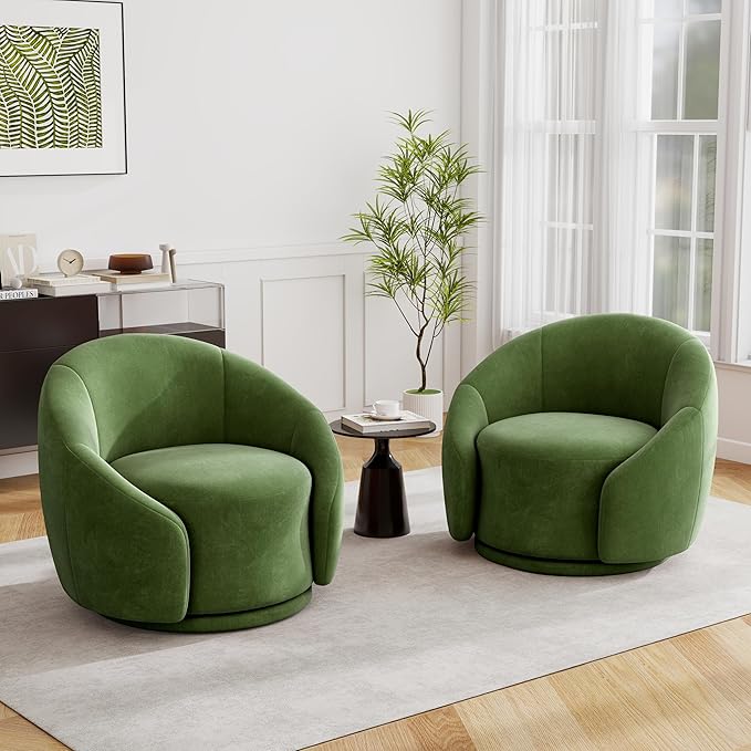 UIXE Swivel Accent Chair Velvet Barrel Chair Upholstered Arm Chair for Living Room Modern Round Club Chair with Turntable Base - Green Set of 2