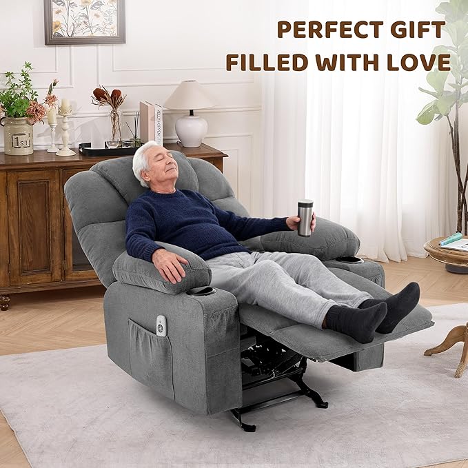 Massage Rocker Recliner Chair Ergonomic Rocking Recliner Sofa with Vibration Massage &amp Heat Reclining Fabric Nursery Chair for Living Room Lounge with 4 Pockets 2 Cup Holders Grey