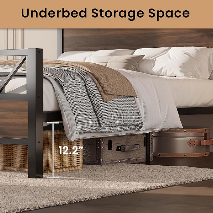 LIKIMIO Queen Bed Frame Tall Industrial Headboard 51.2  Platform Bed Frame with Strong Metal Support Solid and Stable Noise Free No Box Spring Needed Easy Assembly Walnut