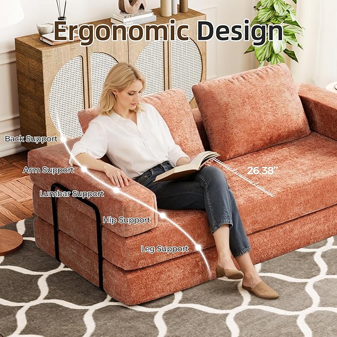 Convertible Sofa Bed 4-in-1 DIY Combination Modular Couch with Pillows Comfy Boneless Sleeper Sofa Bed with Fixed-Shape Frame Chenille Convertible Lounge Couch for Living Room Orange