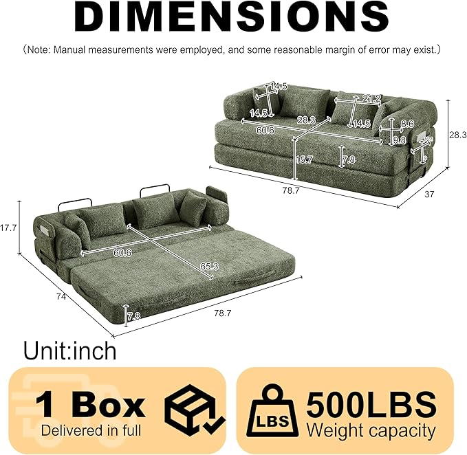 78.7 Chenille 4-in-1 Folding Convertible Sofa Bed Boneless Couches with 4 Pillows &amp Convenient Side Pockets Comfy Foldable Compressed Sofa in Box Floor Sofa Lounge Couch for Living Room(Green)