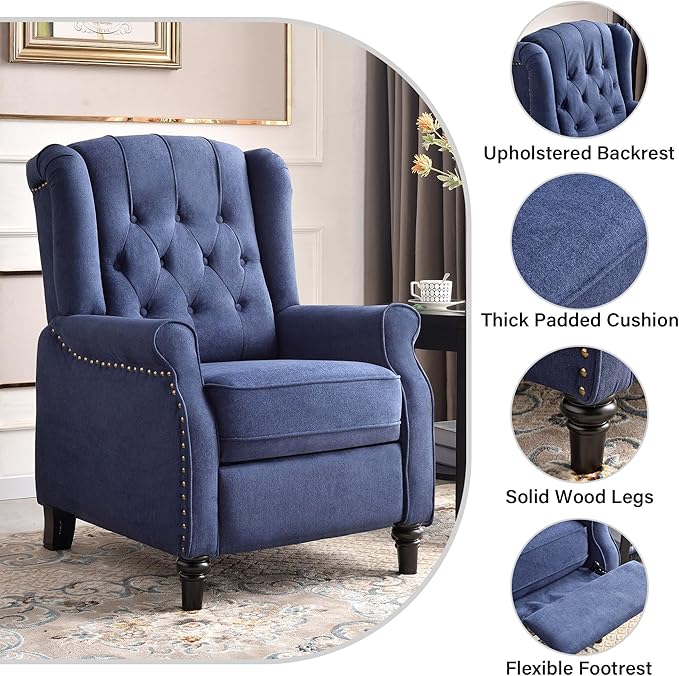 Bonzy Home Wingback Chairs Set of 2 Mid Century Modern Living Room Chairs Fabric Push Back Recliner Chair with Rivet Decoration Button-Tufted Back Solid Wood Legs Blue