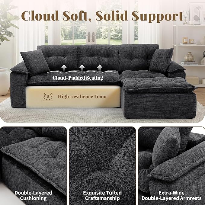 110 Modular Sectional Sofa Cloud Sectional Couch with Ottoman Modern L Shaped Sofa with Deep Seat Upholstered Boneless Couch for Living Room with Layered Cushion No Assembly Black