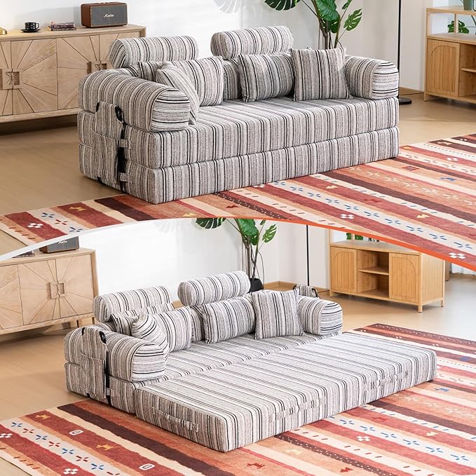 79 Corduroy Sofa Bed Sleeper Couch 6-in-1 Convertible Boneless Floor Futon Loveseat High-Density Foam Couch in a Box with 2 Headrest Pillows No Assembly Black and White