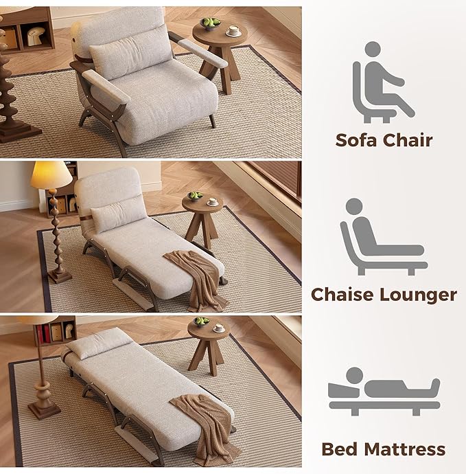 JASIWAY Convertible Sleeper Chair 3-in-1 Convertable Fold-Out Chair Bed for Adults Futon Sofa Sleeper That Turn into Beds for Small Spaces Adjustable Backrest Walnut(76.4 D X 33 W)