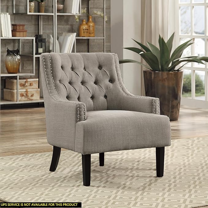 Modern Traditional Chair with Button Tufted Taupe Fabric Upholstery Solid Wood Design for Elegant Living Room