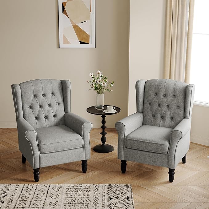 Accent Chair High Back Upholstered Chair with Button Tufted Mid-Century Modern Comfy Wingback Chair Reading Armchair in Fabric for Living Room for Bedroom Office-Light Gray