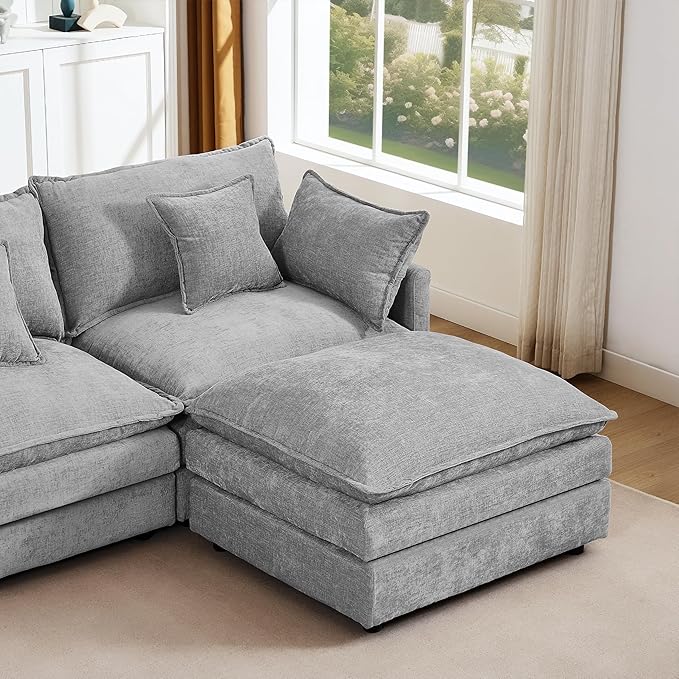 102 Cloud Sectional Couch Modular L Shaped Sofa with Movable Ottoman Comfy Chenille Deep Seat Sofa with Throw Pillows 3-Seater Cloud Couches for Living Room Apartment