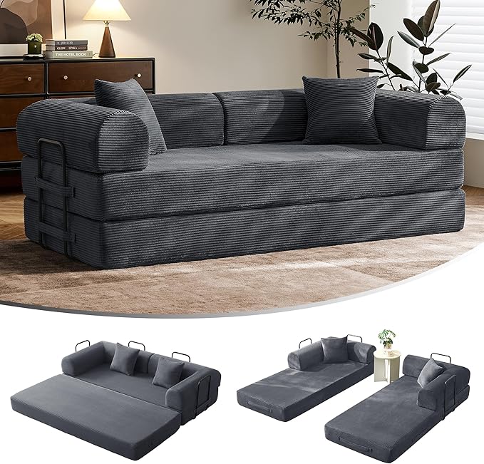 79 Floor Sofa Bed 5-in-1 Convertible Sleeper Sofa with Removable Armrests Corduroy Fabric Sofa Couch No Assembly Required for Living Room Dorm Studio (Dark Gray)