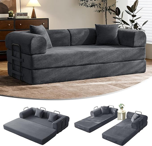 79 Floor Sofa Bed 5-in-1 Convertible Sleeper Sofa with Removable Armrests Corduroy Fabric Sofa Couch No Assembly Required for Living Room Dorm Studio (Dark Gray)