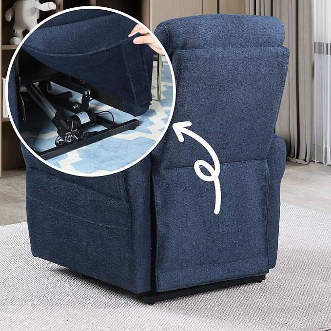 Power Lift Recliner Chair Electric Power Lift Recliner Chair for Elderly Single Seat Chenille Reclining Sofa with Side Pocket for Bedroom Living Room Office (Blue)
