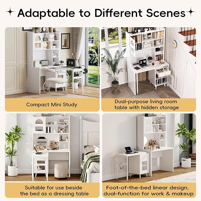 Computer Desk with 90 Degree Rotating DesktopOffice Desk with Storage Drawer and Cabinets Gaming Writing Desk for Study Home Office Bedroom Living (White/90)