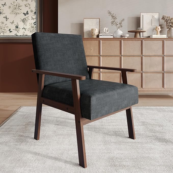 Mid-Century Modern Accent Chair Linen Upholstery Wooden Armrests Cushioned Seat Easy Assembly Dark Grey
