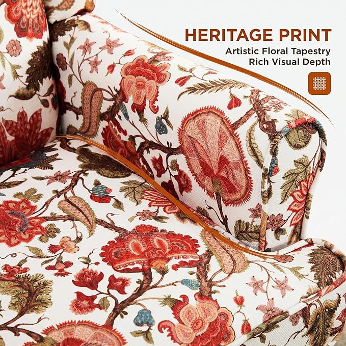 Mid Century Wingback Accent ChairModern Linen Fabric Upholstered Armchair with Retro Wooden LegsFloral Pattern Single Sofa ChairComfy Reading Chair for Living Room Bedroom Office (Floral Red)