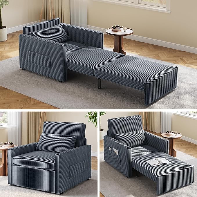 Ahomly 3 in 1 Pull Out Sleeper Chair 75.2 Long Convertible Sofa Bed for Adults Corduroy Armchair Chair Bed &amp Single Sleeper with Pillow for Dorm/Bedroom Dark Grey