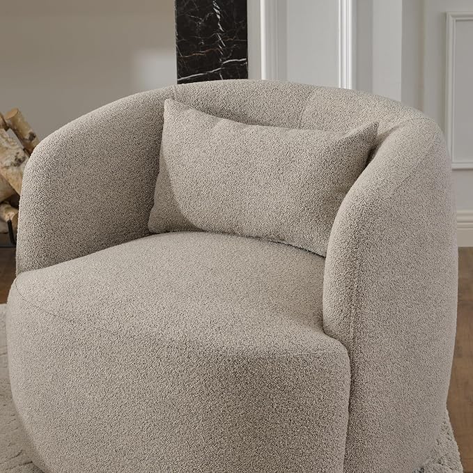 KINWELL 34 Wide Boucle Swivel Barrel Chair No Assembly Round Upholstered Armchair Accent Chair Single Sofa Chair with Toss Pillow for Living Room and Bedroom Taupe