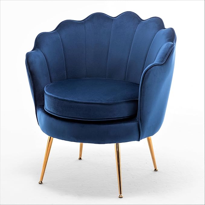 Velvet Barrel Accent Chair with Scalloped Silhouette and Gold Metal Legs Decorative Piece Suitable for Traditional Modern and Contemporary Spaces Navy Blue