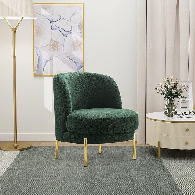 Generic 28.4 W Accent Chair Upholstered Curved Backrest Reading Chair Single Sofa Leisure Club Chair with Golden Adjustable Legs for Living Room Bedroom Dorm RoomGreen Boucle