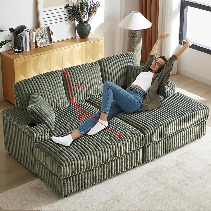 Aoowow 84 Corduroy Oversized 3-seater sofa with 2 Ottomans Modular Sectional Deep Seat Sofa with Back and Toss Pillows Modern Comfy Sofa with 2 Storage Spaces and Cup Grooves for Living Room Green