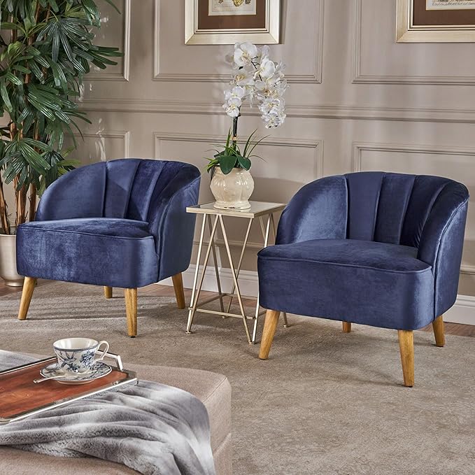 Christopher Knight Home Amaia Modern Velvet Club Chairs 2-Pcs Set Cobalt / Walnut