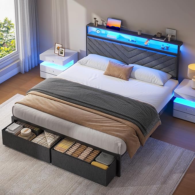Queen Bed Frame with 2 Drawers Upholstered Headboard with Storage and Charging Station LED Lights Fabric Drawers with Wheels Under Bed Storage No Box Spring Needed Easy Assembly Grey