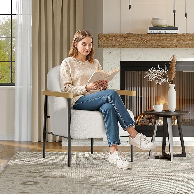 GarveeHome Mid-Century Accent Chair Set of 1 Teddy Fabric Chair with Metal Frame Adjustable Feet and Wood Arms for Living Room Bedroom Reception Room White