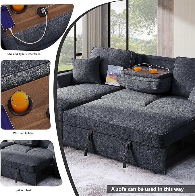 INSTORY Sectional Sleeper Sofa with Pull-Out Bed Drop-Down Table USB &ampType-C Port Cup Holders Dark Gray