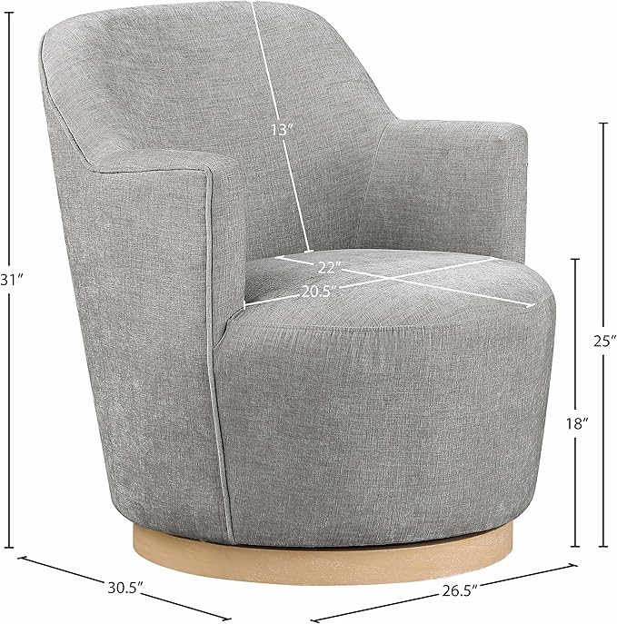 Meridian Furniture 449Grey Clarita Collection Modern | Contemporary Swivel Accent Chair with Soft Light Grey Chenille Fabric Natural Wood Finish Base 26.5 W x 30.5 D x 31 H Grey