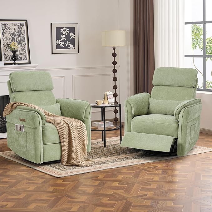 MELLCOM Power Recliner Rocking Chair Nursery Gliders with Adjustable Armrests and Headrest Swivel Electric Glider Reclining Nursing Chair with USB Port and Storage Bags FSC Certified(Fabric Green)