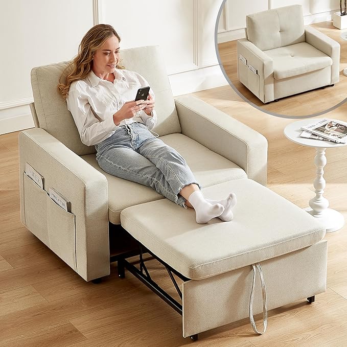 WEUP 42.5 Sleeper Chair Bed 3-in-1 Oversized Convertible Sleeper Sofa Chair with Pull Out Bed Reclining Adjustable Backrest/Side Pockets Tool-Free Assembly Basic Beige