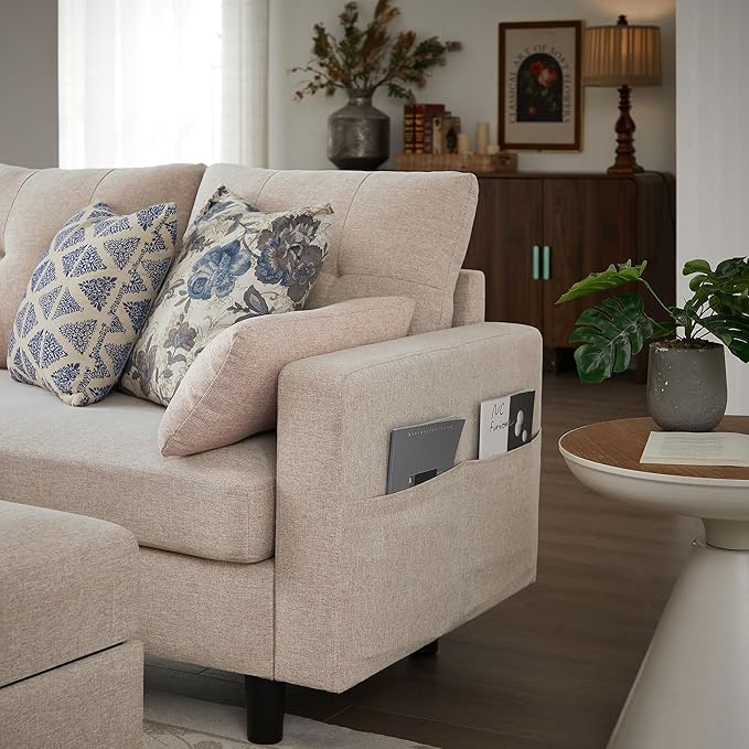 101 Convertible Sectional Sofa Modern Linen Fabric U-Shaped Couch with Reversible Chaises and Ottoman Coffee Table 4 Seat Sofa Couches for Living Room Apartment Office Beige