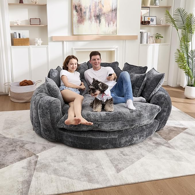 81 Round Sofa Bed Big Bean Bag Round Chaise Lounge Oversized Round Couch Boneless Reading Chair Plush Fluffy Chenille Large Chaise Chair for Living Room Bedroom Apartment Dark Gray