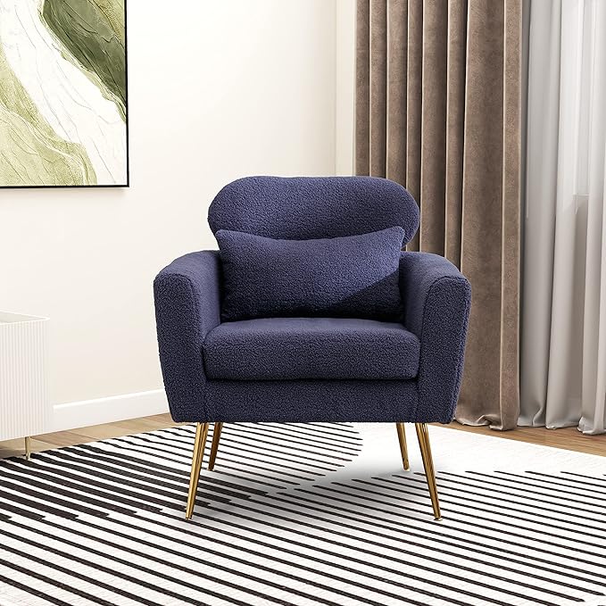 29.5 W Modern Boucle Accent Chair Armchair Upholstered Reading Chair Single Sofa Leisure Club Chair with Gold Metal Leg and Throw Pillow for Living Room Bedroom Dorm Room Office Navy Boucle