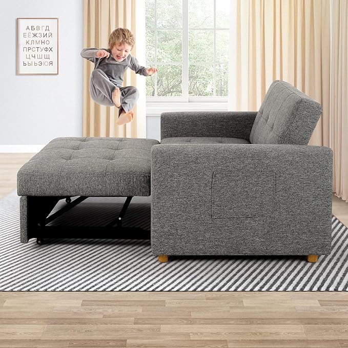 SEJOV Sleeper Sofa Bed 3-in-1 Convertible Sofa Chair Linen Fabric Pull Out Couch Bed Loveseat Sleeper with Spring Support Adjustable Backrest 2 Seater Recliner Chair for Small Space Dark Grey