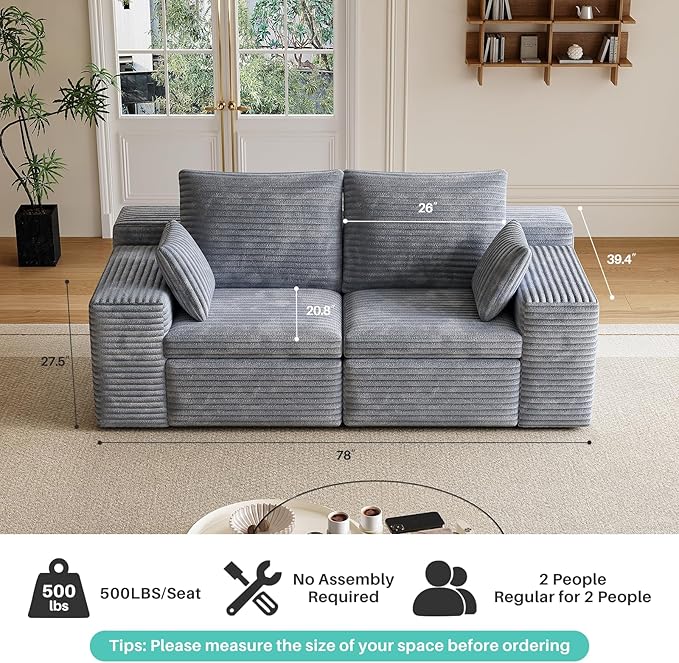 78 Loveseat Sofa Modern Corduroy Couch with 2 Pillows Deep Seat Small Sofa for Living Room Bedroom Apartment Home Office No Assembly (Gray)