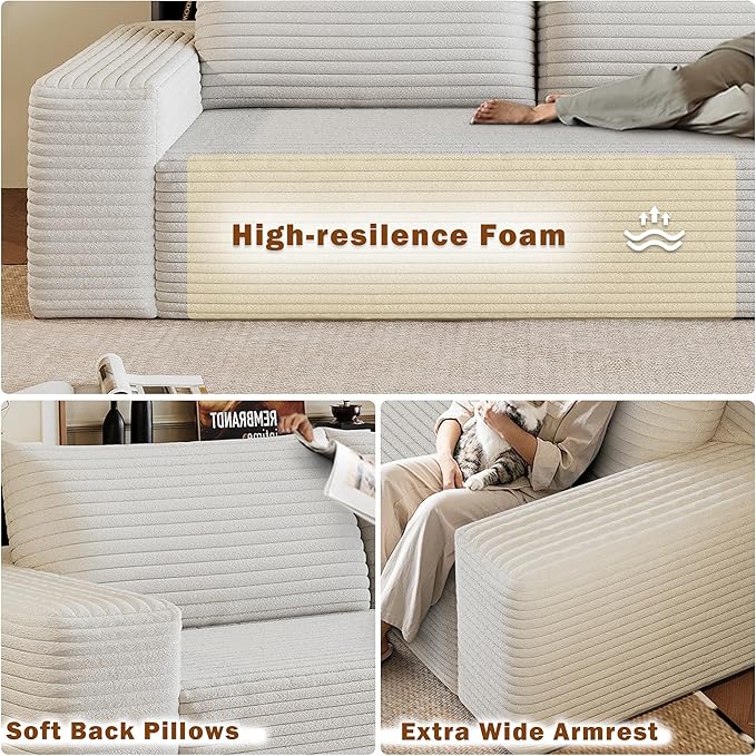 63 Small Cloud Loveseat Sofa in a Box Comfy Corduroy 2-Seater Boneless Couch Modern Deep Seat Sofa for Small Spaces Living Room &amp Apartment No Assembly Required (White 63 inch) | Memory Foam