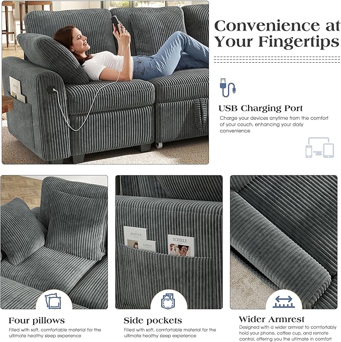Ihanherry 83-inch 5-Seater Large Sectional Sofa Bed with Storage Corduroy Reversible Modular Sleeper Sofa with USB Port &amp 4 Pillows Convertible L-Shaped Couch for Living Room（Gray）