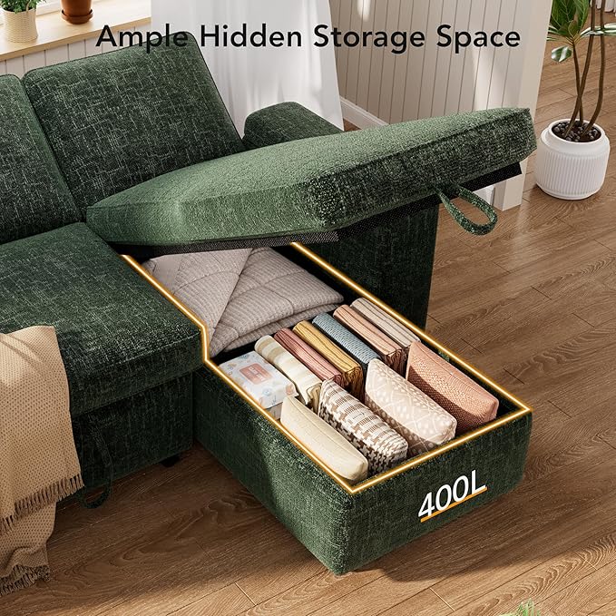 Vipbear Sectional Sleeper Sofa with Pull Out Bed 82 L Shaped Couch Sleeper Sofa with Reclining Backrest/Reversible Storage Chaise/Armrest Storage/Cup Holder/Side Pocket Tool-Free Assembly Green