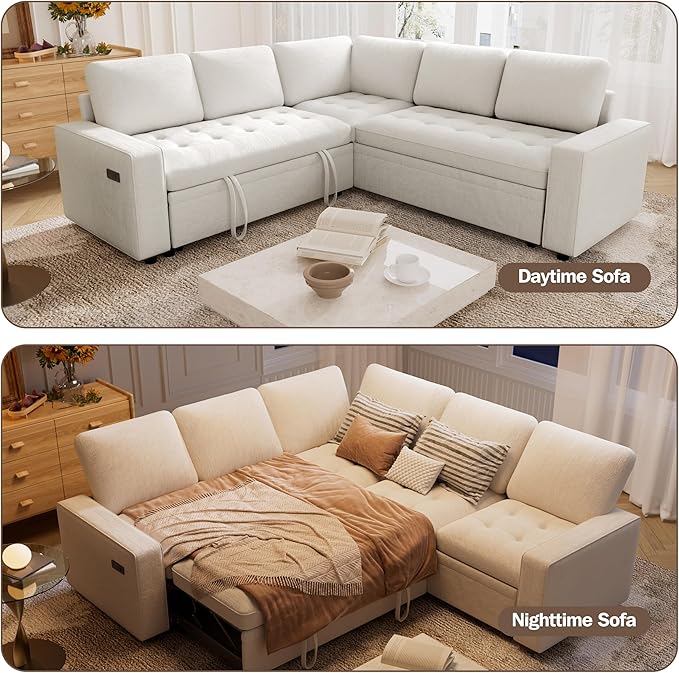 Vipbear 85 Inch Modular Sectional Sofa with Pull Out Bed Chenille L Shaped Sectional Sofa with USB Ports/Reclining Backrest/Storage Seats Tool-Free Assembly Sofa Couch for Living Room Begie