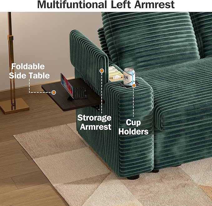 Vipbear 65 Loveseat Sleeper Sofa with Pull Out Bed Plush Corduroy 3-in-1 Convertible Sofa Bed with Reclining Backrest|USB Ports|Cup Holders|Side Table|Storage Armrests Tool Free Assembly Green