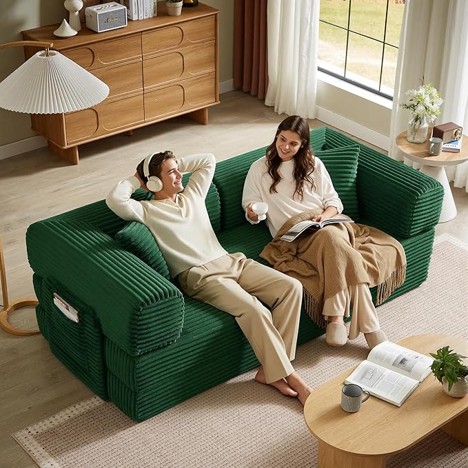 Boneless Couch Folding Couches for Living Room Sofa Futon Sofa Bed with Sleeper Sofa Futon Couch with Fixed-Shape Oversized Corduroy Upholstered (Green 81 Inches)