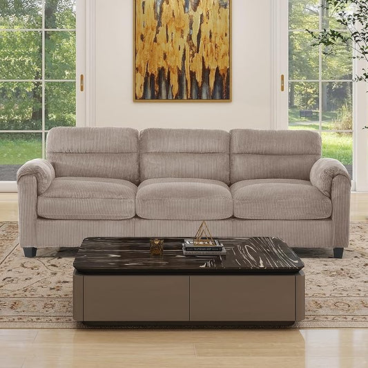 Corduroy Sofa Set Upholstered 3-Seater Couch with Plush Cushions and Rolled Arms Modern Living Room Furniture SetsBrown