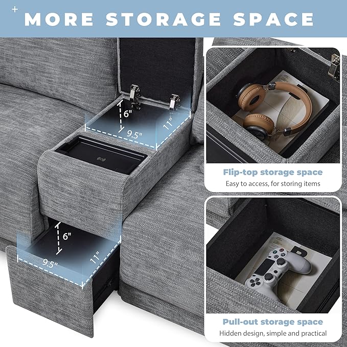 Merax Modern Oversized L-Shaped Sectional Sofa with Ottoman USB Charging Port &amp Storgae Drawers Chenille Reversible Couch Set with 4 Pillows for Living Room Easy Assemble Gray