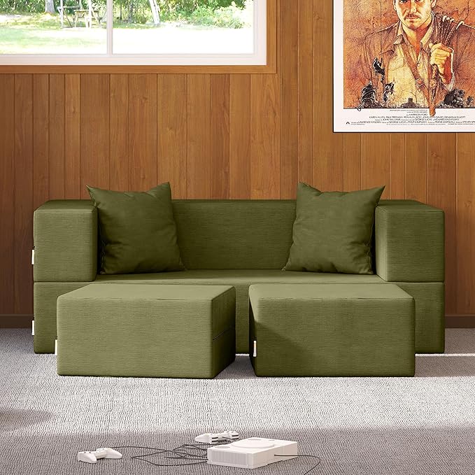 Jaxx Zipline Convertible Sleeper Loveseat &amp Ottomans/Queen-Size Bed Moss