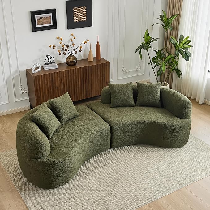 106.7 Modern Curved Oversized Sectional Sofa Minimalist Modular Cloud Couch with 4 Throw Pillows Luxury 4-Seater Extra Deep &amp Wide Seat Sofa in Soft Teddy Fabric Olive Green