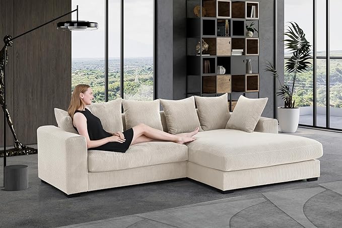 U-Shaped Cloud Sectional Couch Symmetrical Modular Compressed Boneless Sectional Sofa with Chaise Lounges and Console Plush Corduroy Boneless Corner Sofa for Living Room