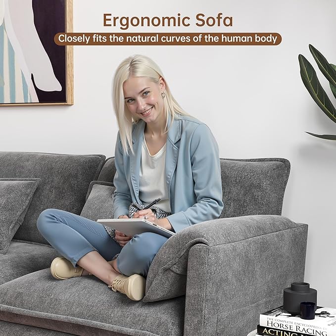 Modular Sectional Sofa 111'' L Shaped Couch Chenille Sofa with Movable Ottoman for Apartments Living Room and Commercial Space Dark Gray