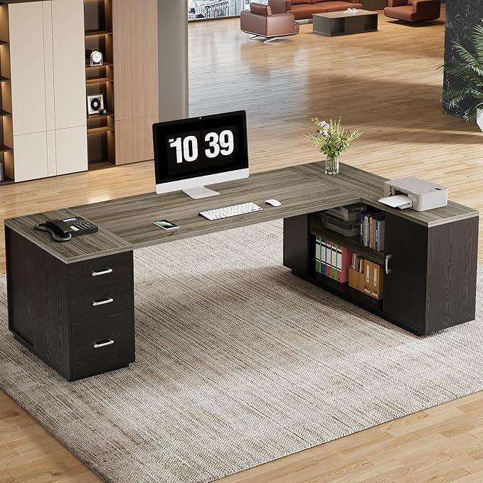 Tribesigns 85.8-Inch L-Shaped Executive Desk with File Drawers Door Cabinet &amp Shelves Extra Large Commercial Office Desk Modern Professional Office Table Business Furniture Grey &amp Black