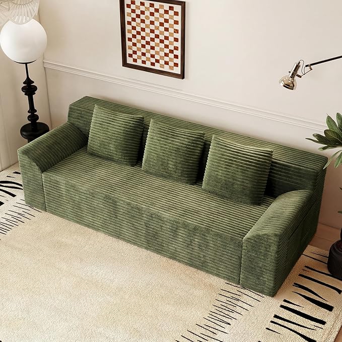 71 Cloud Boneless Loveseat Sofa Couch Bean Bag 3-Seater Couch with Memory Foam Corduroy Comfy Floor Sofa Deep Seat for Living Room Bedroom Apartment No Assembly (Green)