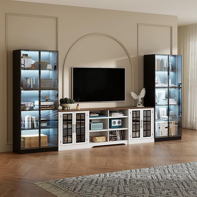 Farmhouse TV Stand for TVs up to 100Entertainment Center with 2 LED Storage CabinetsTV Console with Glass Doors and Adjustable Compartments for Large Space Living RoomBedroom